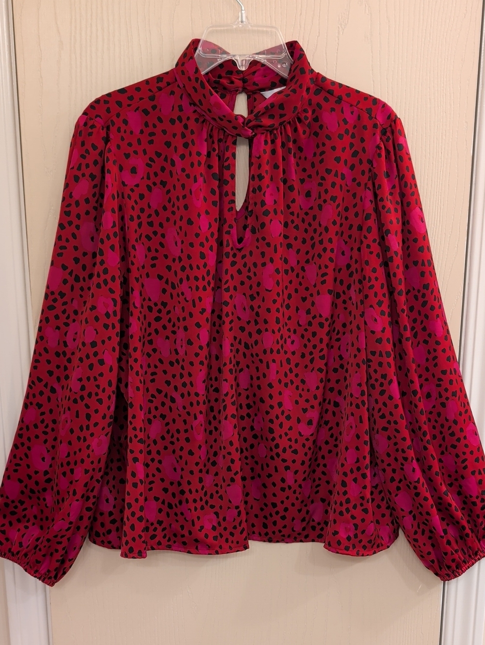 Nine West Red Fuchsia Tie Neck Blouse XXL Black Spot Print Long Sleeve Top